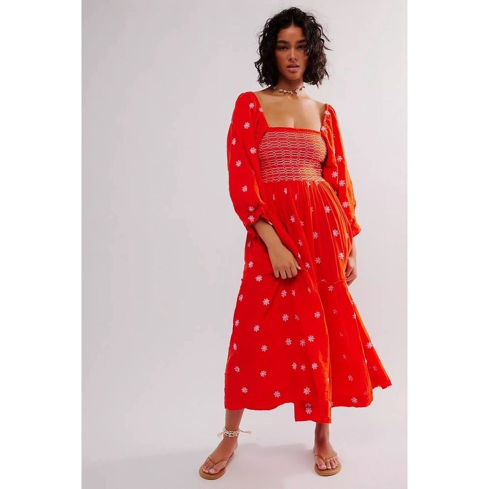 Free People Dahlia Embroidered Smocked Boho Maxi Dress Red Pink Medium